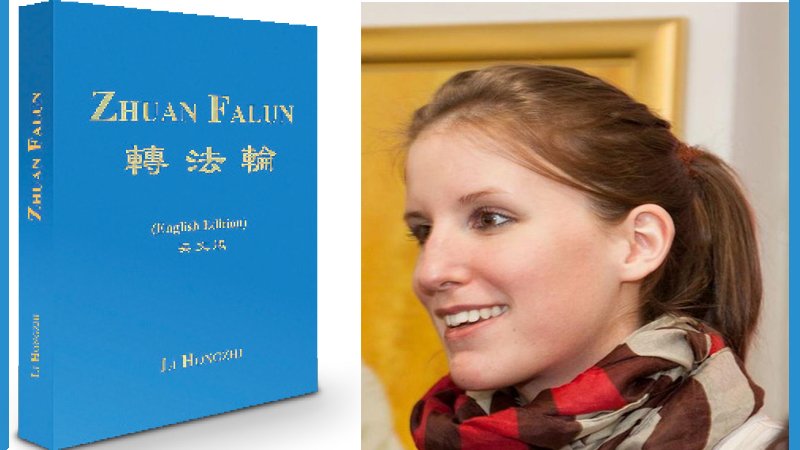 Книга “Zhuan Falun”, которая помогла Натали обрести смысл жизни. Фото Натали: ru.minghui.org, коллаж: faluninfo.info