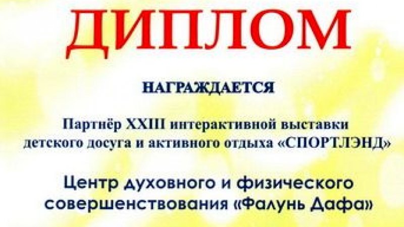 Диплом за активное участие в социальном проекте города Москвы «СПОРТЛЭНД». 7 ноября 2010 г.