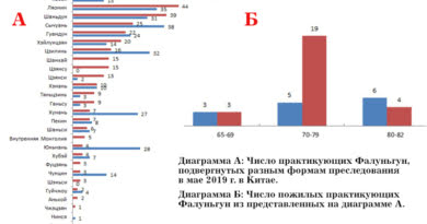 На диаграмме А: красный цвет – число арестованных, синий – число людей, подвергнутых другим формам преследования; на диаграмме Б: по горизонтали - возраст, по вертикали - число практикующих Фалуньгун; красный цвет – число арестованных, синий – число людей, подвергнутых другим формам преследования