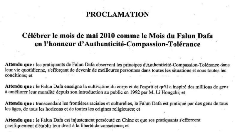 Канада. Член Парламента объявил май 2010 года месяцем Фалунь Дафа