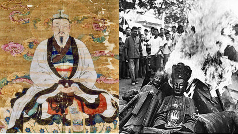 Коллаж из изображения древнего китайского божества и исторического фото периода Культурной революции