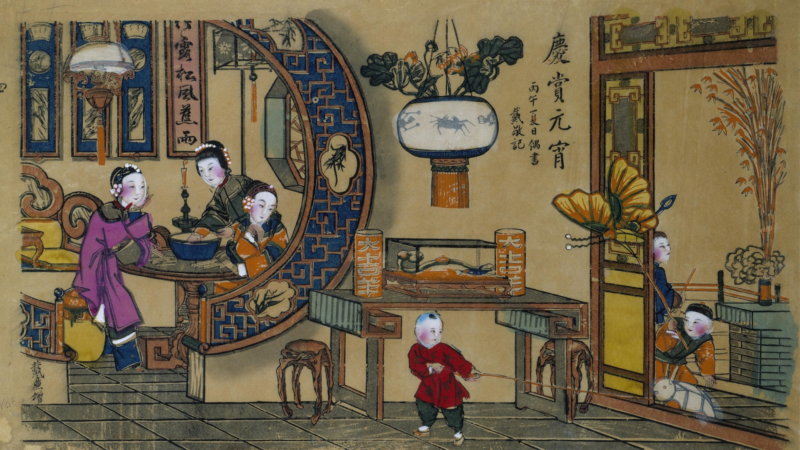 Старинная китайская иллюстрация быта и празднования Фестиваля фонарей в богатом доме.