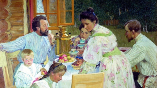 Картина Бориса Кустодиева На террасе, чаепитие русской семьи у самовара